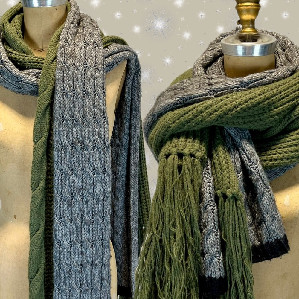Sweater cable knit scarf set of 2 earthy olive green long fringe charcoal gray